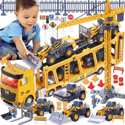 Tacobear Construction Vehicles for Kids Large Truck Vehicle Toy Gifts for 3 4 5 6 7 Year Old Boys with Crane Toy Bulldozer Steamroller Forklift Construction Vehicles Birthday Gift Ideas Boys