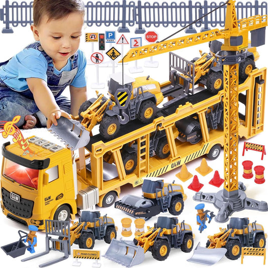 Tacobear Construction Vehicles for Kids Large Truck Vehicle Toy Gifts for 3 4 5 6 7 Year Old Boys with Crane Toy Bulldozer Steamroller Forklift Construction Vehicles Birthday Gift Ideas Boys