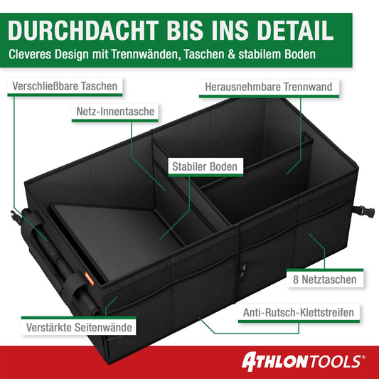ATHLON TOOLS Trunk Organizer XXL – foldable trunk bag, non-slip, reinforced, stable with lid – ideal for storage while camping and everyday use.