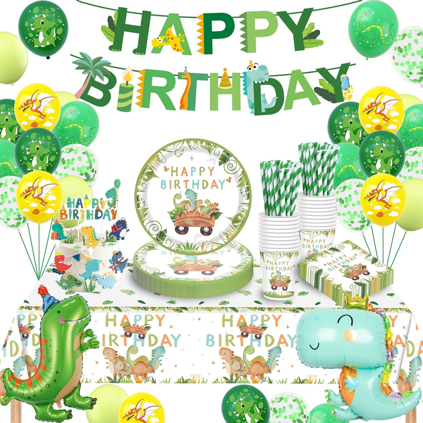 Dinosaur party tableware set, dino birthday decorations, dinosaur birthday tableware set, paper plates cups napkins straws tablecloth for party kids birthday decor boys girls 16 guests