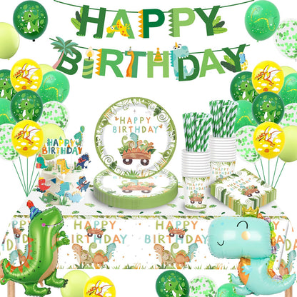 Dinosaur party tableware set, dino birthday decorations, dinosaur birthday tableware set, paper plates cups napkins straws tablecloth for party kids birthday decor boys girls 16 guests