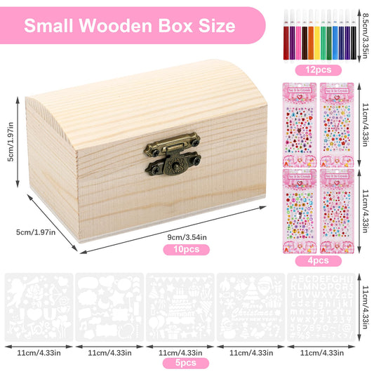 Fentar 10pcs Treasure Chest Kids Birthday, Wooden Treasure Chest Crafting Set, Small Treasure Chest for Kids, Wooden Box with Lid, Treasure Chest for Painting Kids Birthday with Markers Stickers