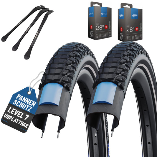 2-pack Schwalbe Marathon Plus Tour 2022 Smart Guard tires 28x1.40 inch (37-622), 28x1.50 inch (40-622), or 28x1.75 inch (47-622) with choice of tube + tire lever (SV valve tubes, 28x1.50 inch (40-622)).