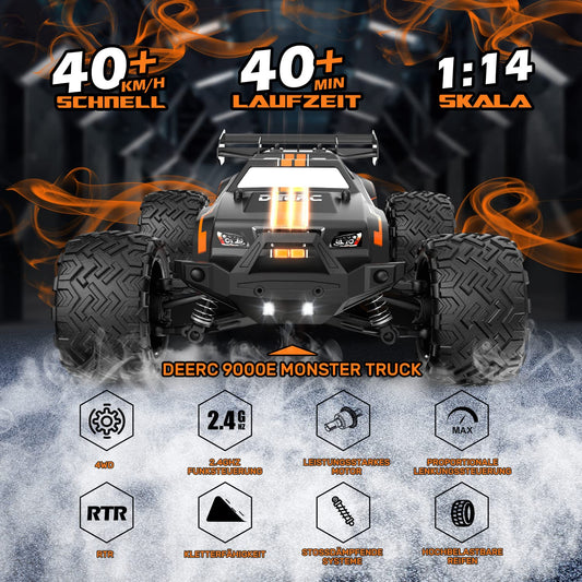 DEERC 1:14 Scale Remote Control Car, 4WD RC Car 40km/h with LED lights, 2 batteries for 40 minutes of runtime, 2.4GHz remote control racing toy for adults and kids (9000E).
