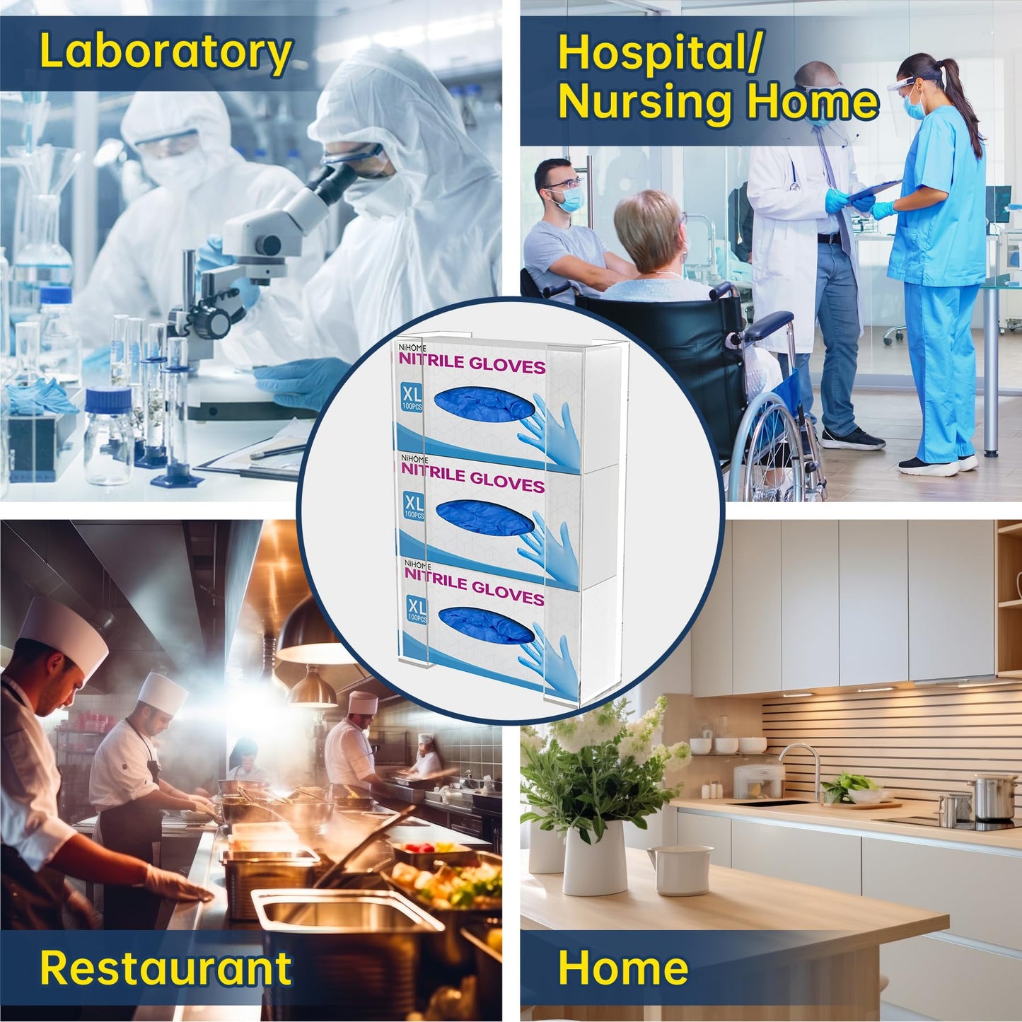 NiHome Wall Mount Glove Holder (for 3 boxes), Acrylic Glove Holder for disposable gloves and wipes, space-saving glove dispenser for kitchen, bathroom, lab, and garage.