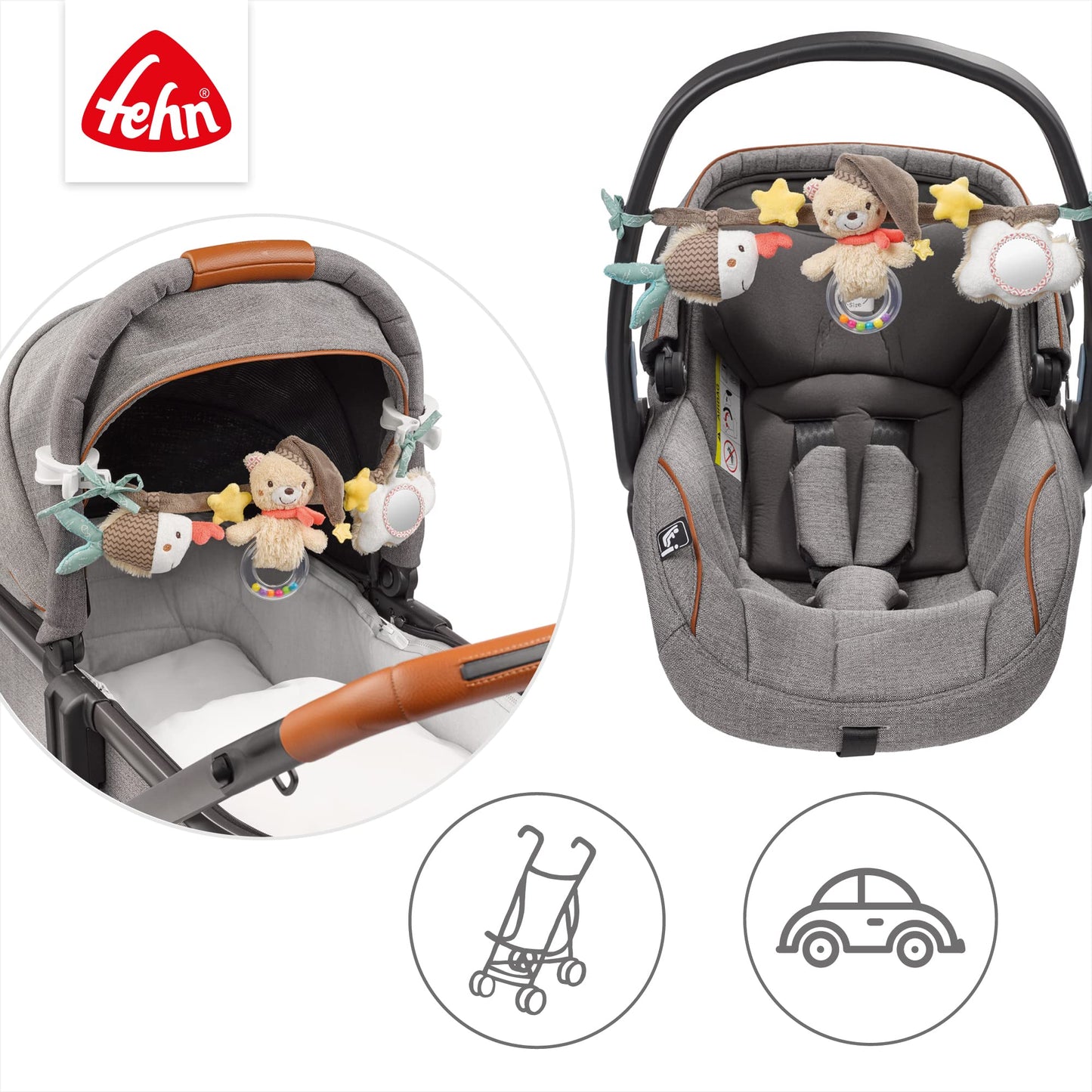 Fehn stroller chain toy Bruno - baby mobile chain with cute figures to hang on strollers, car seats, or cribs - stroller accessory for babies and children from 0+ months.