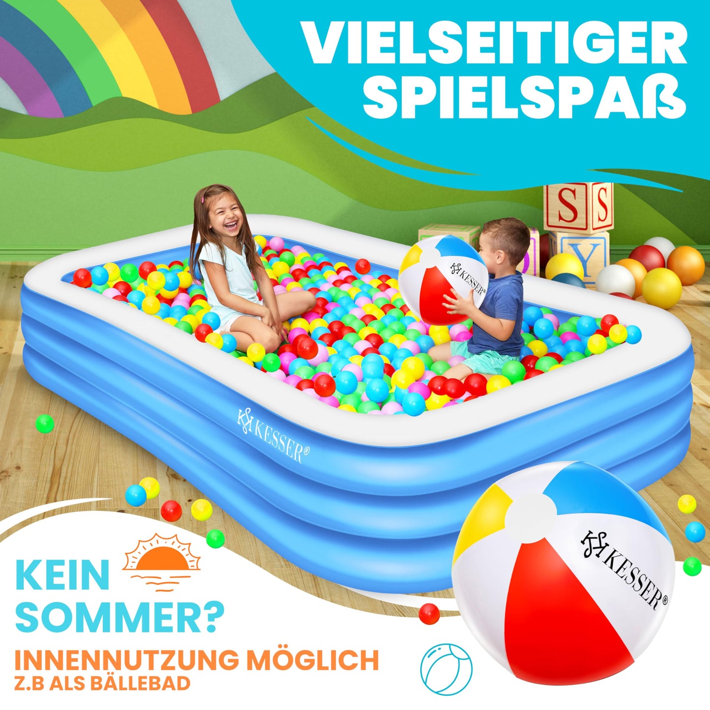 KESSER® Inflatable Pool Family Pool for children and adults Garden swimming pool Family swim pool Summer 305x183x56 cm Paddling pool 1180 liter volume Child-friendly Incl. Repair kit & Ball