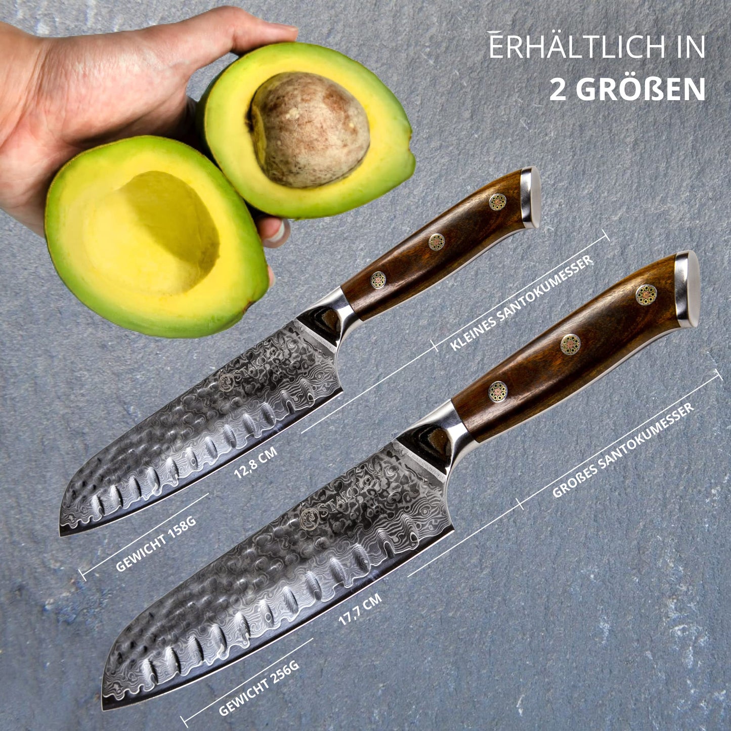 Stallion Small Santoku Knife Damascus 5" - Ironwood Series - Damascus Santoku Knife with Ironwood Handle - Damascus Steel Kitchen Knife made of premium Japanese steel.