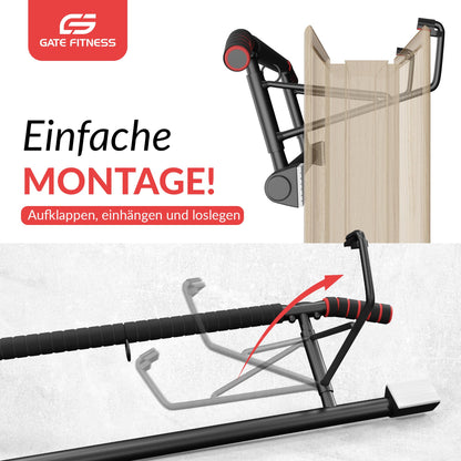 GATE FITNESS™ Pull Up Bar/Chin-Up Bar for Door Frames - Perfect Home Strength Station - No Screws | Foldable Home Trainer - includes Pull Up Band + Suspension Trainer + Training Poster