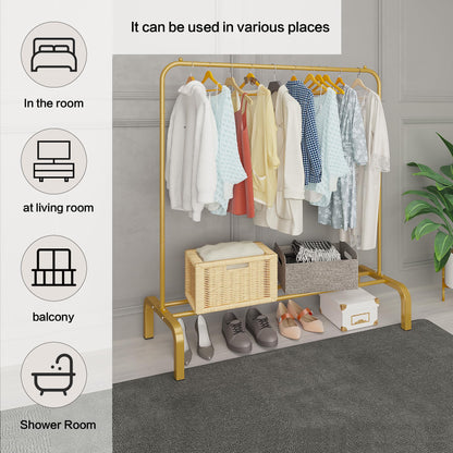 JIUYOTREE Garment Rack 110 cm Metal Clothes Rail Coat Stand with Shelf for Coats, Skirts, Shirts, Sweaters, Gold