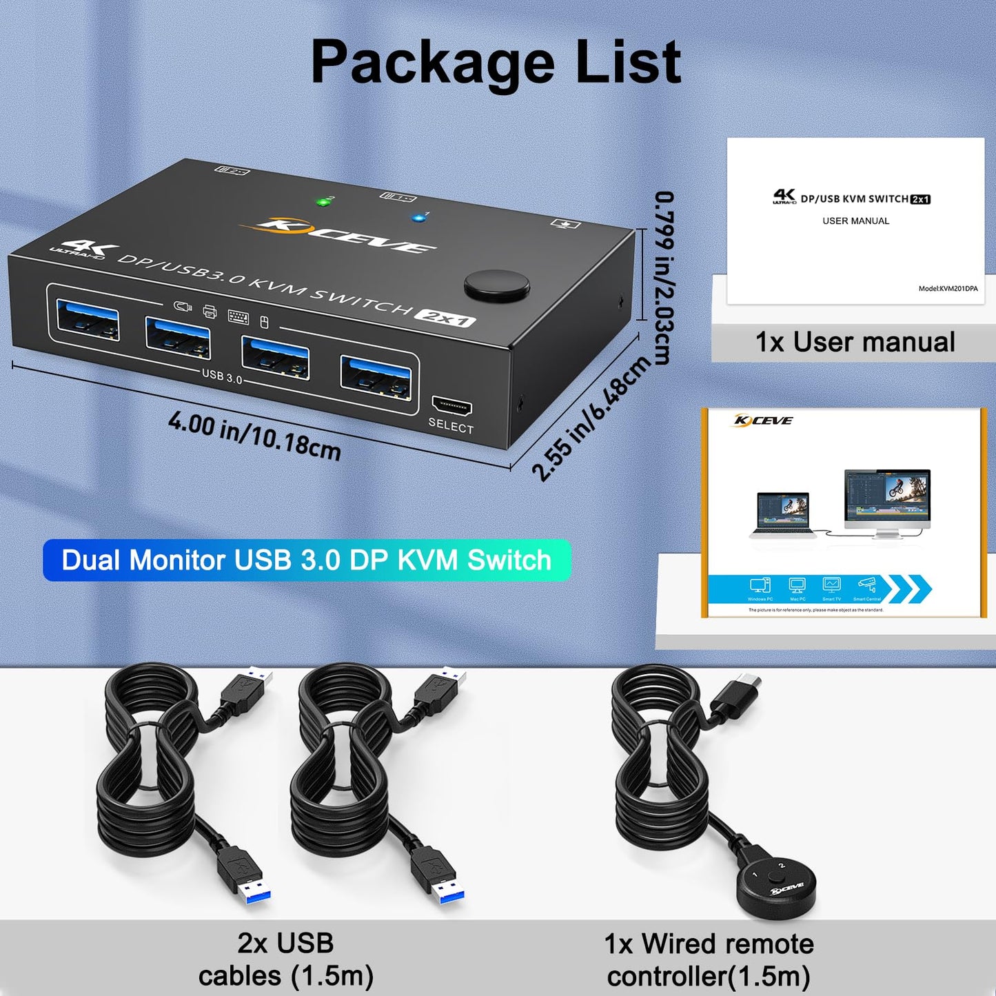 USB3.0 KVM Switch Displayport 2 Ports 4K@144Hz, ESKEVE KVM Switch 2 PC 1 Monitor 8K@30Hz for sharing 1 monitor and 4 USB3.0 devices between 2 PCs. Includes USB cable and desktop controller.