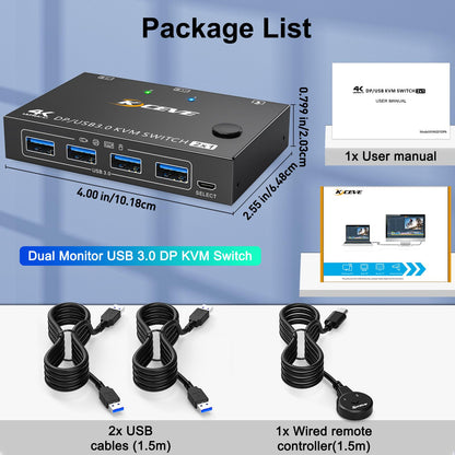 USB3.0 KVM Switch Displayport 2 Ports 4K@144Hz, ESKEVE KVM Switch 2 PC 1 Monitor 8K@30Hz for sharing 1 monitor and 4 USB3.0 devices between 2 PCs. Includes USB cable and desktop controller.