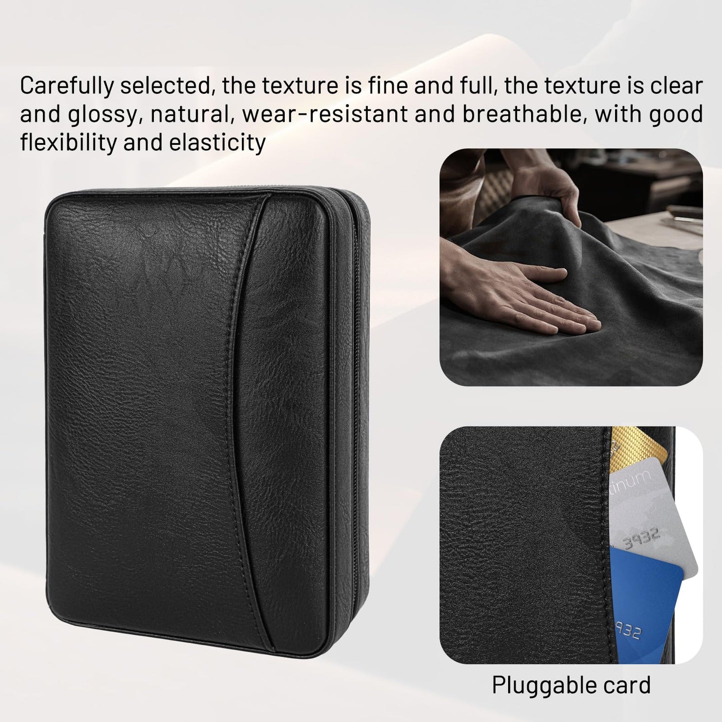 Portable leather cigar case with Spanish cedar interior and card storage. Perfect for business trips, birthdays, and Father's Day gifts. Includes cigar cutter and humidifier.