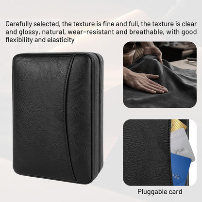 Portable leather cigar case with Spanish cedar interior and card storage. Perfect for business trips, birthdays, and Father's Day gifts. Includes cigar cutter and humidifier.