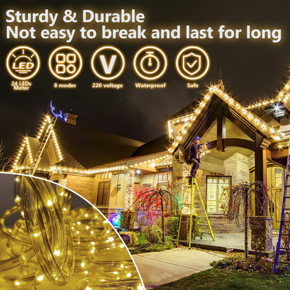 Ikodm LED light rope outdoor 1200 LEDs 50m light rope with timer 8 lighting modes waterproof string lights powered by electricity for indoor party Christmas Halloween wedding, warm white