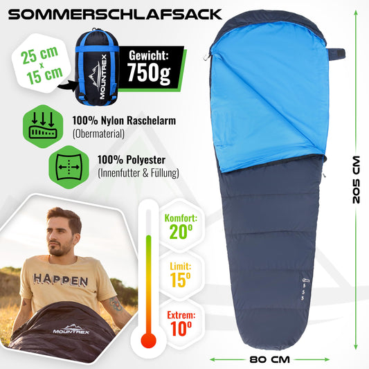 MOUNTREX® Sleeping Bag - Small pack size & Ultralight (760g) - Outdoor summer sleeping bag, mummy sleeping bag (205x80cm) - Compact, warm and light for camping, traveling or festivals - Linkable