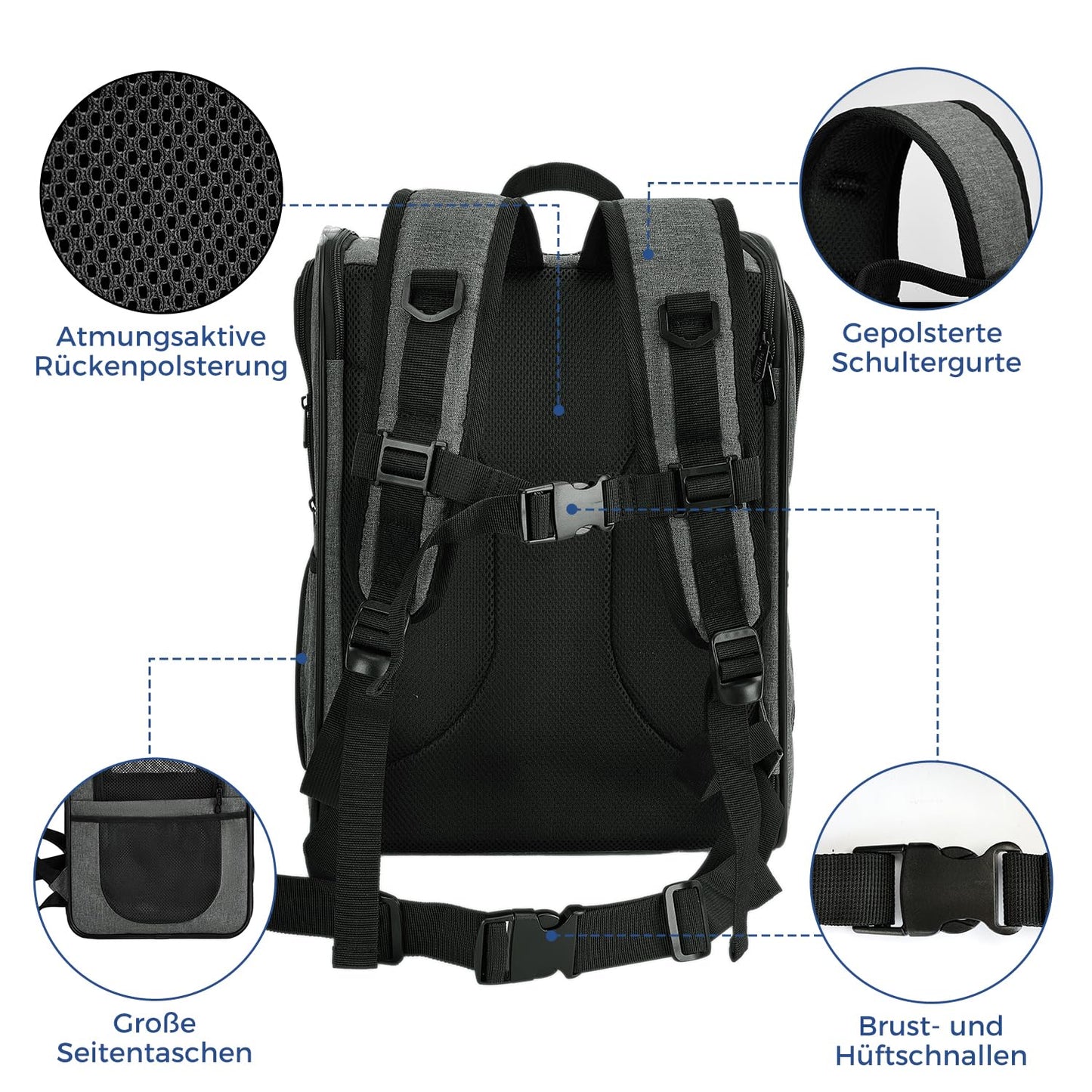 Apollo Walker Dog Backpack and Cat Backpack for Small Pets (2-15kg capacity) - Padded back support dog carrier Breathable mesh pet backpack for hiking, traveling, outdoor activities Grey