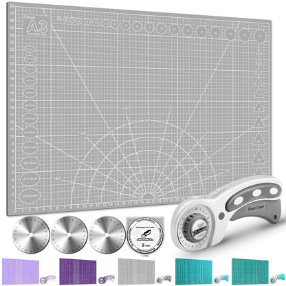 Miuzei Cutting Mat A3 A2 with rotary cutter and replacement blades, self-healing craft mat in gray, cutting mat with double-sided grid markings for schools and families.