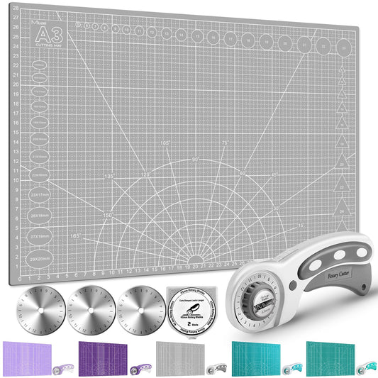 Miuzei Cutting Mat A3 A2 with rotary cutter and replacement blades, self-healing craft mat in gray, cutting mat with double-sided grid markings for schools and families.