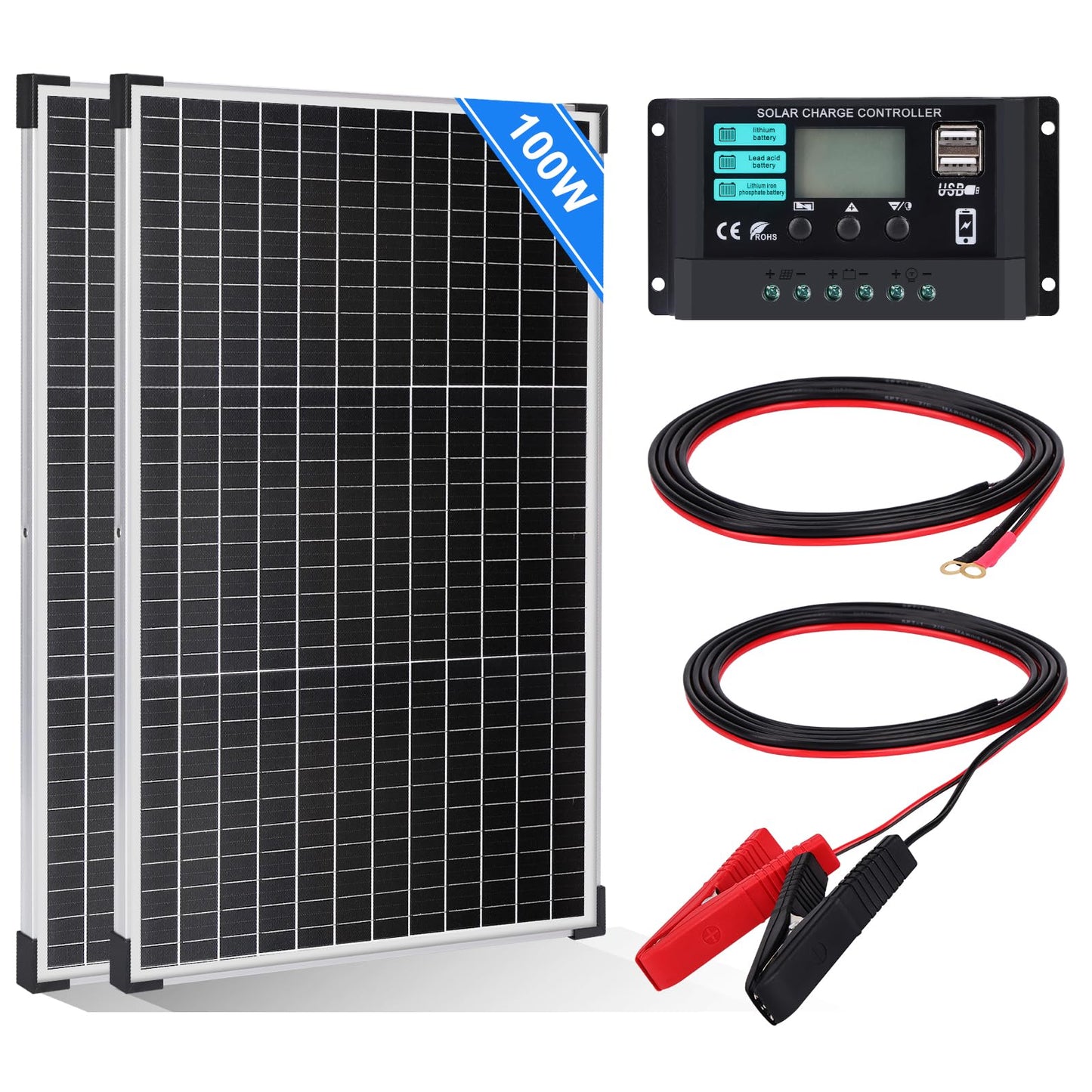 100W Solar Panel 12V Kit: DERUXI 100W Solar Panel 12V Kit includes 2pcs 50W monocrystalline solar panels, 10A solar charge controller, and 4pcs extension cables. Perfect for RVs, campers, and boats.
