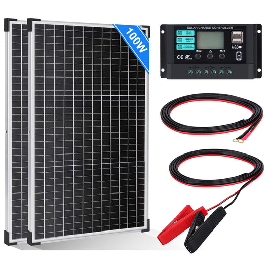 100W Solar Panel 12V Kit: DERUXI 100W Solar Panel 12V Kit includes 2pcs 50W monocrystalline solar panels, 10A solar charge controller, and 4pcs extension cables. Perfect for RVs, campers, and boats.