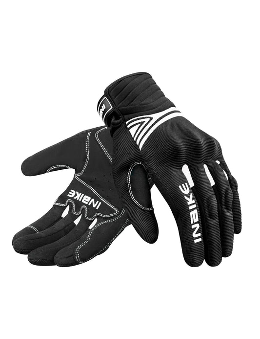 INBIKE motorcycle gloves for men and women, perfect for summer riding. Full-fingered protection, breathable design in black and white.