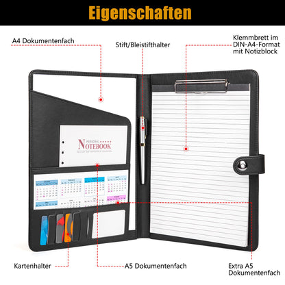 AMKSONS A4 Writing Pad in Black with Clipboard & A4 Notepad - Premium Conference Folder made of PU leather with document compartments, pen holder, flap cover, and magnetic closure.