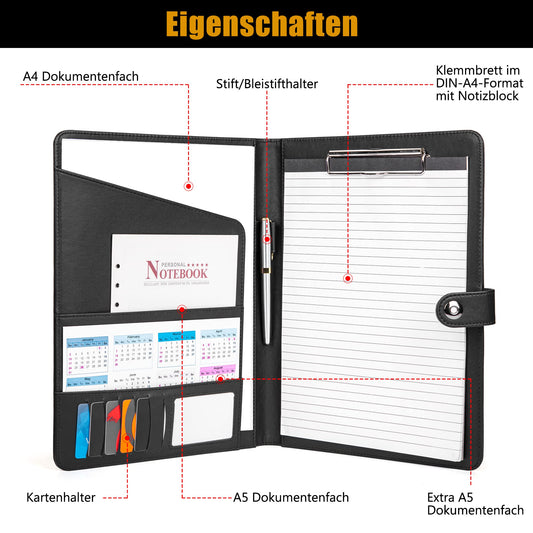 AMKSONS A4 Writing Pad in Black with Clipboard & A4 Notepad - Premium Conference Folder made of PU leather with document compartments, pen holder, flap cover, and magnetic closure.