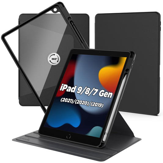 Cacoe Rotating Case for iPad 9th/8th/7th Generation 10.2-inch with Pencil Holder - 360 Degree Rotation Shockproof Protective Cover with Clear Hard Shell on the back, Black.