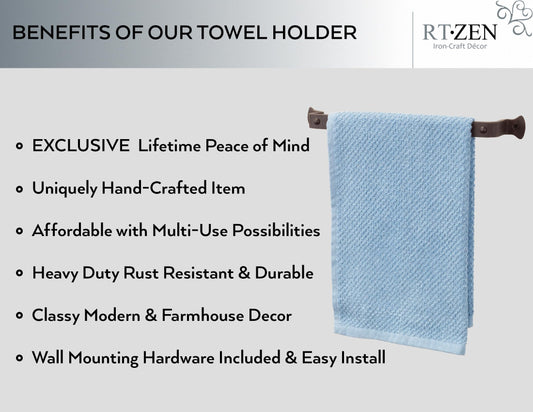 RTZEN Rustic modern hand towel holder made of wrought iron | Decorative 30.5 cm large for kitchen, bathroom, etc. Stylish wall mount dish towel rack handcrafted metal easy installation
