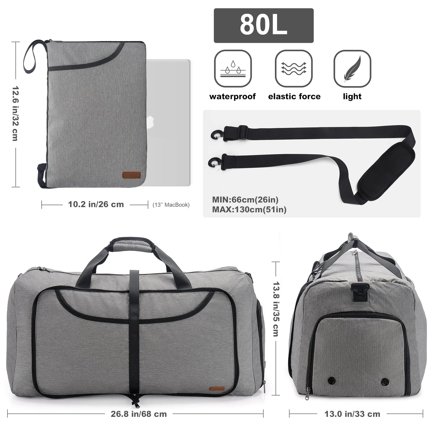 Vogshow Foldable Travel Duffel Bag, Weekender Overnight Bag Waterproof Duffle with Shoe Compartment for Men and Women (Gray, 80L)