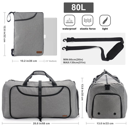 Vogshow Foldable Travel Duffel Bag, Weekender Overnight Bag Waterproof Duffle with Shoe Compartment for Men and Women (Gray, 80L)