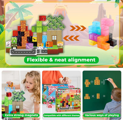 Magnetic building blocks, 100 pieces magnetic building blocks for kids - creative 3D toy with dinosaurs, volcano & natural landscape | Toys for boys aged 5 6 7 8 9 years Building toys for boys aged 3+ years