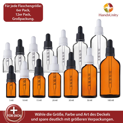 HandsUnity pipette bottle small glass bottle 30ml-12pcs - apothecary set made of amber glass with black pipette cap. Includes 29pcs of additional accessories. Amber glass bottles.
