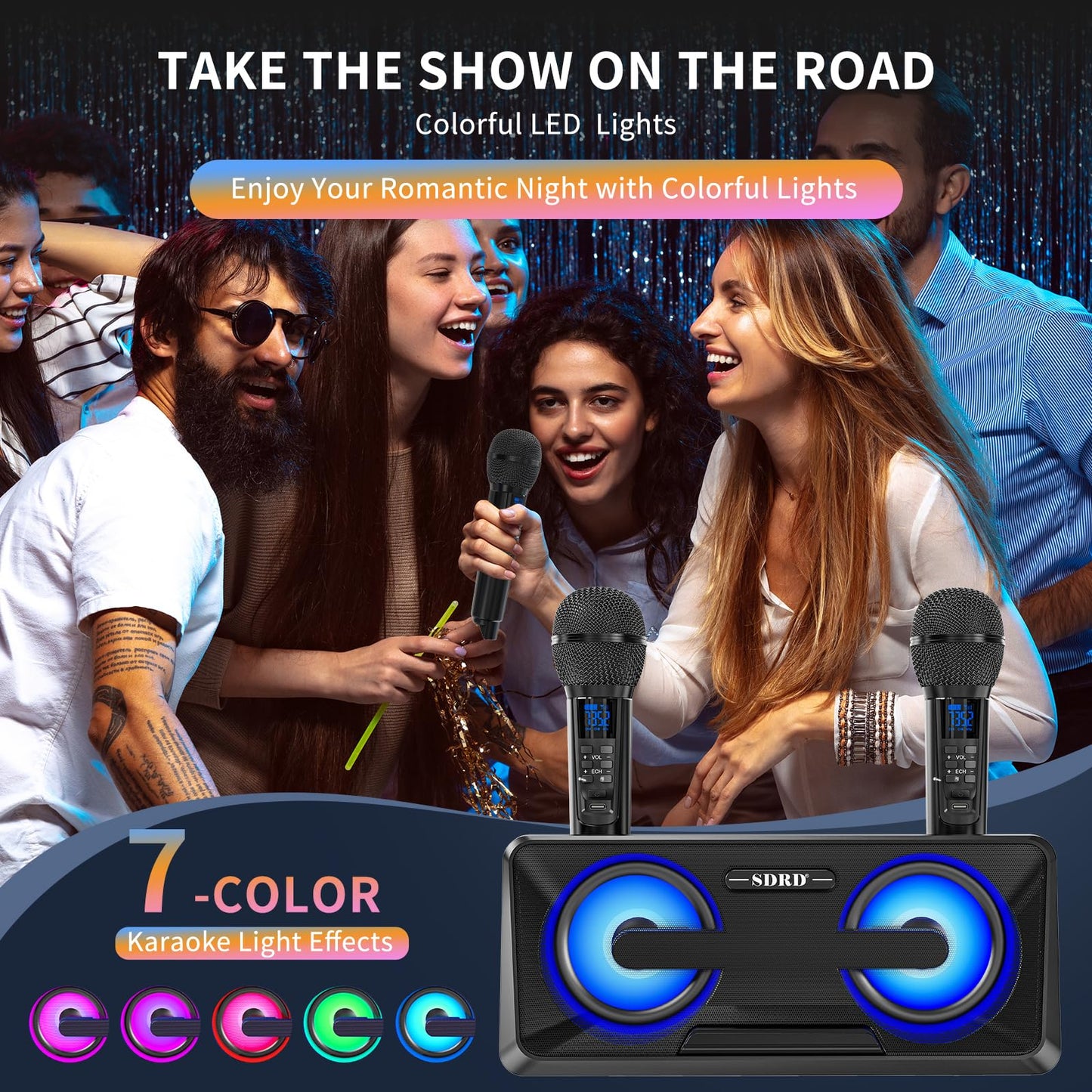 Karaoke Machine for adults and kids with 2 UHF wireless microphones, portable Bluetooth singing speaker, PA system with disco lights, cell phone holder for home, party, picnic (black)