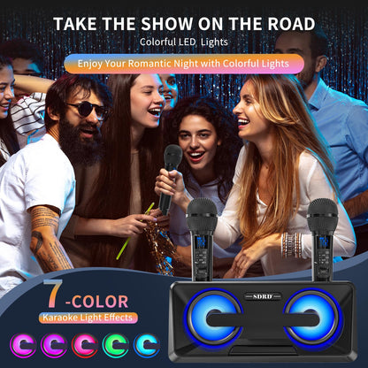 Karaoke Machine for adults and kids with 2 UHF wireless microphones, portable Bluetooth singing speaker, PA system with disco lights, cell phone holder for home, party, picnic (black)