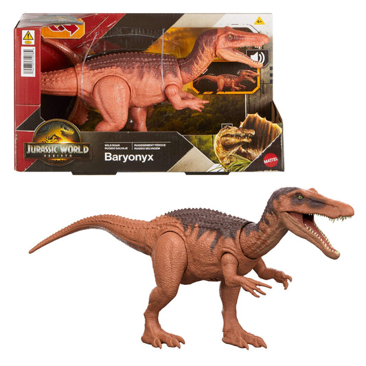 Mattel Jurassic World: The Rebirth Wild Roar Baryonyx dinosaur toy with controllable biting attack in multiple directions and roaring sound, digital gameplay options, JGC79