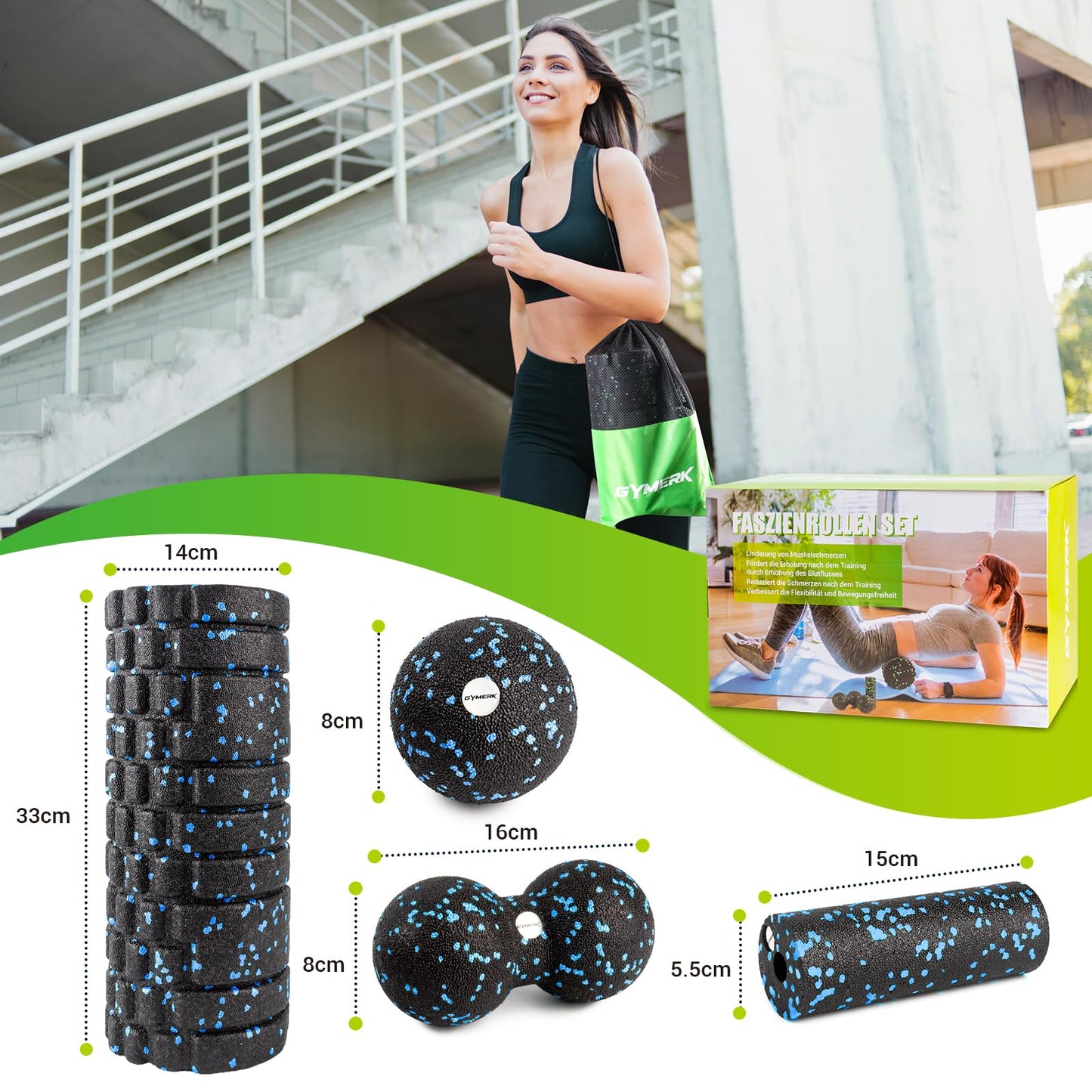 Fascia roller set with 3D texture massage. Includes instructions and poster in German. Carry bag. Yoga fascia set with fascia ball, small fascia roller, duo ball.