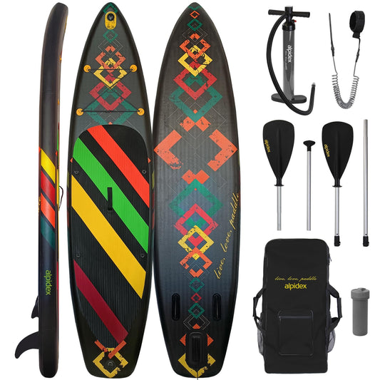 ALPIDEX Stand Up Paddle Set SUP 320 x 76 x 15 cm max. load capacity up to 200 kg Inflatable Stable Lightweight Complete Set Carrying Bag Paddle Fins Air Pump Leash Repair Kit, Color: Black