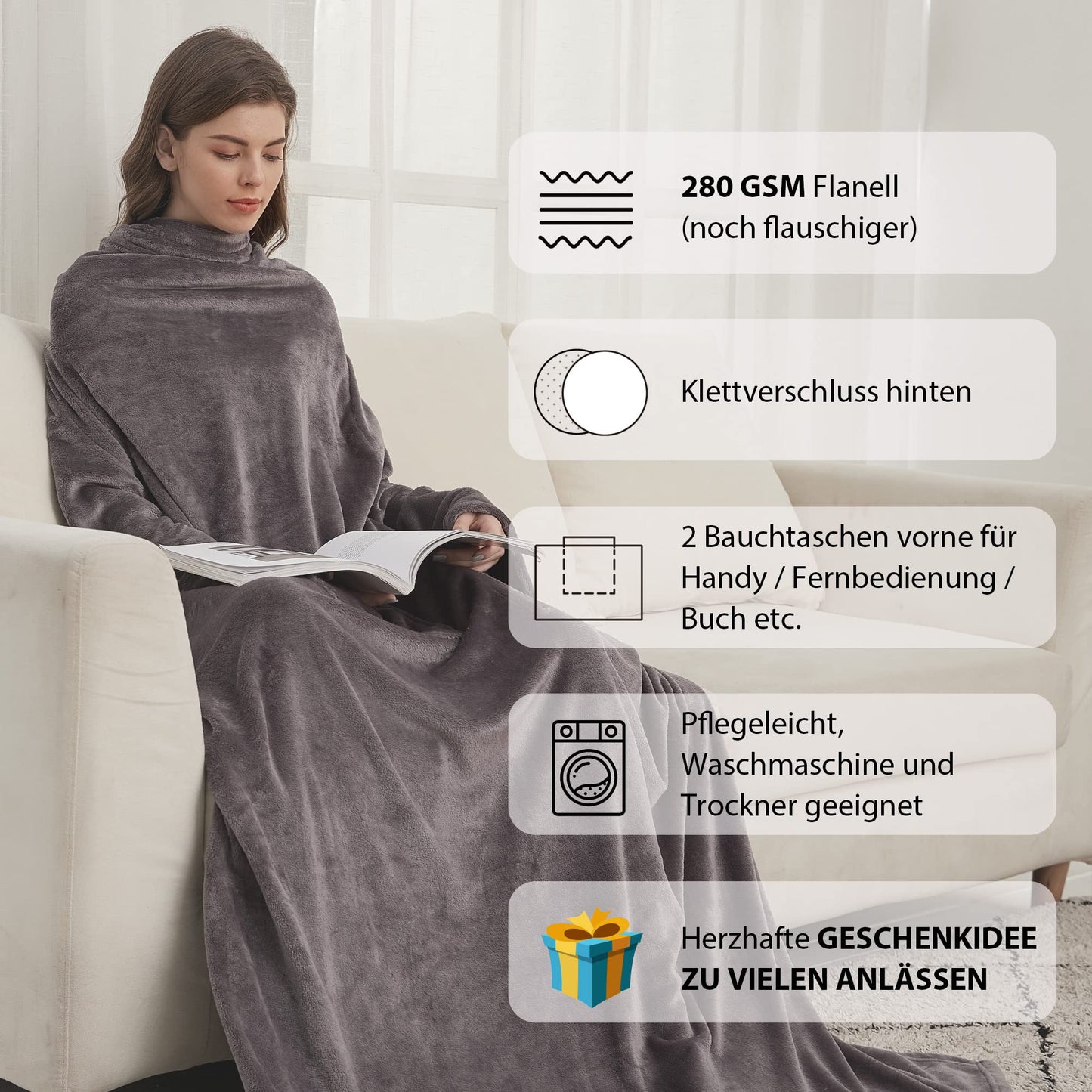 Gift for women for Christmas, snug blanket with sleeves, birthday present for mom, sofa blanket 150x200 cm (Dark gray)