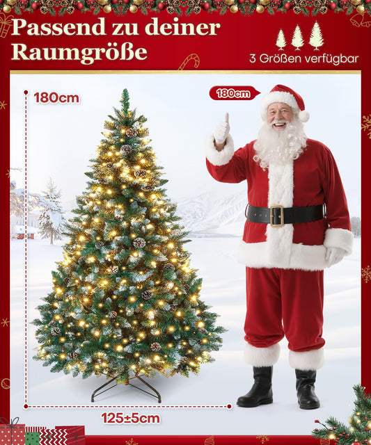 Yorbay artificial Christmas tree with lighting and white snow, LED pine tree for Christmas decoration with real pine cones, fire-resistant (180CM)