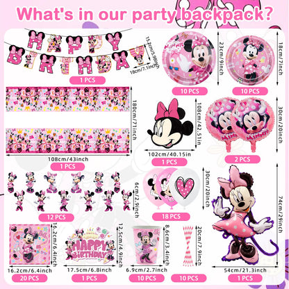 Minnie Mouse paper plates for kids birthday party décor - 100 pieces of pink Minnie birthday party supplies, Mickey birthday decorations for girls, partyware set includes napkins, tablecloth, balloons, banner, and cake decorations.