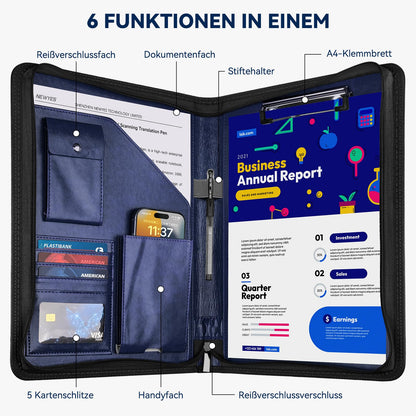 NEWYES A4 document folder, water-resistant with zipper & clipboard, faux leather portfolio perfect for business trips, teachers as a gift, or office use - Dark Blue.