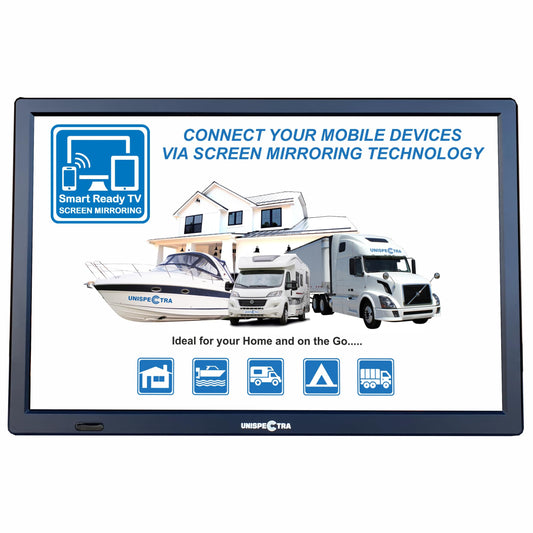 Unispectra® 14" TV 12V / 230V HD LED DVB-T/T2 (free to air) Screen mirroring technology USB PVR & Media player, HDMI. 12V TV for motorhomes, caravans, camping, trucks, boats, kitchen.
