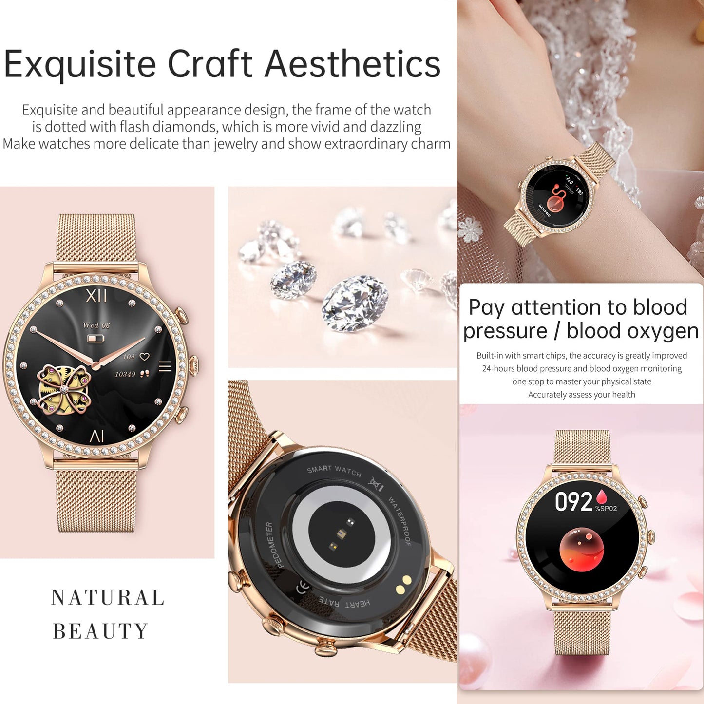 Ladies smartwatch with phone function, 1.32 Fitness Watch Diamond Ladies, Fitness Tracker Watch with menstrual cycle, heart rate, SpO2, sleep monitor, pedometer, wristwatch for Android iOS (Gold)