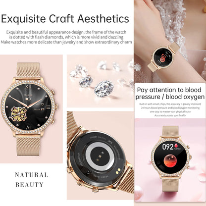Ladies smartwatch with phone function, 1.32 Fitness Watch Diamond Ladies, Fitness Tracker Watch with menstrual cycle, heart rate, SpO2, sleep monitor, pedometer, wristwatch for Android iOS (Gold)