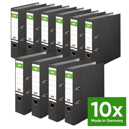 Original DINOR Folder - Cloud Marble - Recycling - Made in Germany. Pack of 10, 8 cm wide, DIN A4, black file folders. Perfect for office use with green and blue labels. eco-friendly choice with Blue Angel certification.