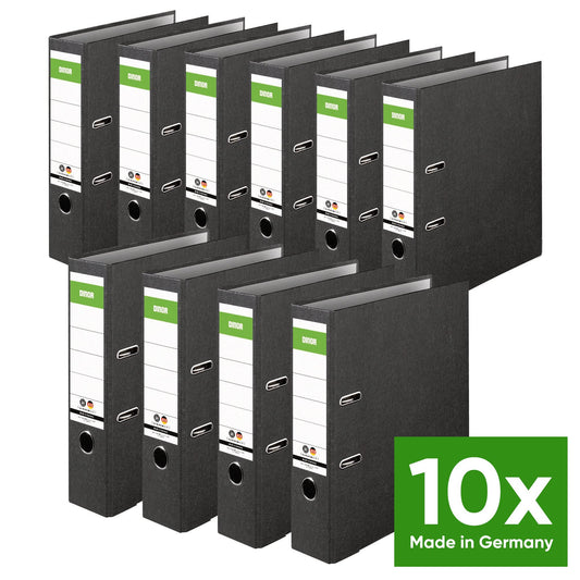 Original DINOR Folder - Cloud Marble - Recycling - Made in Germany. Pack of 10, 8 cm wide, DIN A4, black file folders. Perfect for office use with green and blue labels. eco-friendly choice with Blue Angel certification.