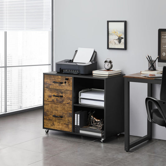Yaheetech rolling file cabinet, office cabinet with 5 wheels, 3 drawers and 2 open compartments, industrial design, for documents, vintage brown-black.