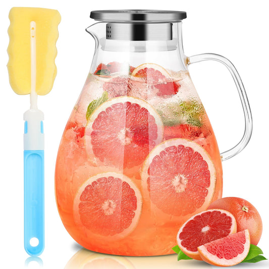 SUSTEAS 3.0 Liter 101 Ounce Water Carafe, Glass Carafe with Lid and Wide Handle, Easy to Clean Glass Pitcher for Fridge, Water Jug for Iced Tea/Milk/Coffee/Wine, Carafes with Brush